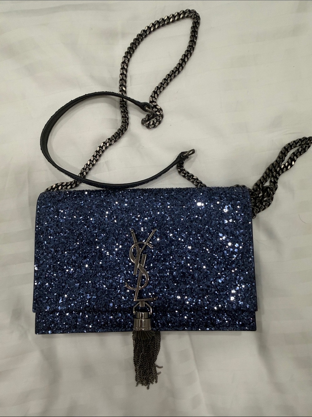 Saint Laurent Blue Glitter Tassel Crossbody Bag